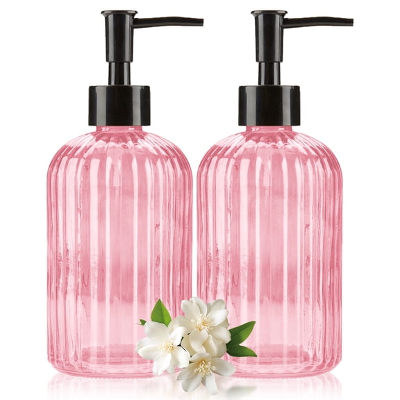 400ml Diamond Pattern Glass Soap Dispenser 2-Pack | Kitchen & Bathroom Liquid Dispenser | Lead-Free with Plastic Pump | Pink   Black Pump Heads | Refillable and Reusable