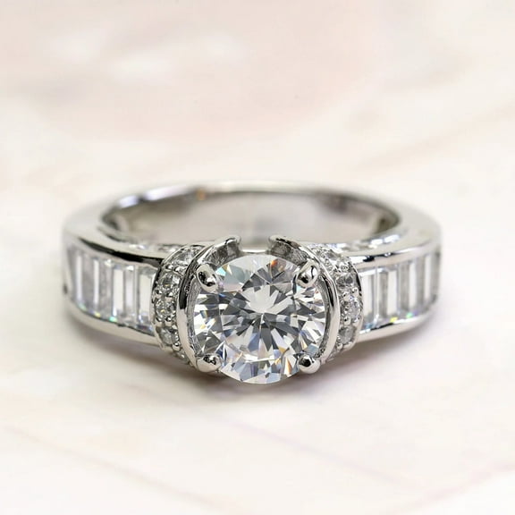 Jewelerix White Gold 10K Plated Round Cut Moissanite Engagement Ring for Women – 3 Ct Baguette and Round Accent Band