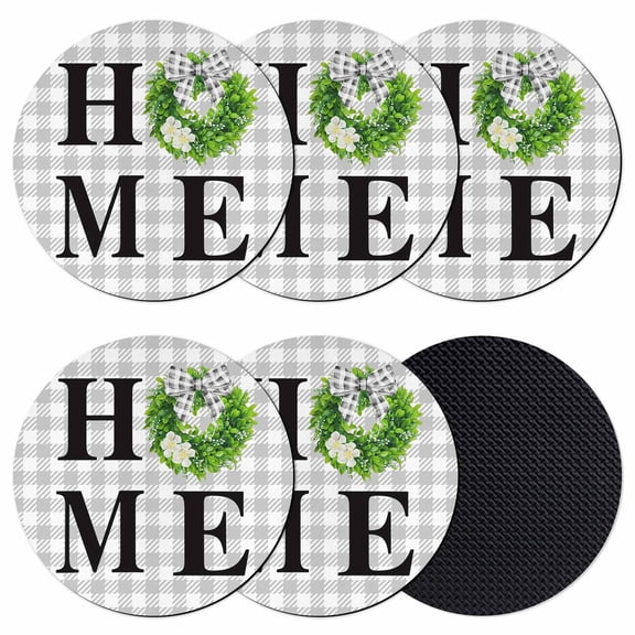 Rustic Home Coasters Set of 6, Absorbent Coasters for Drinks, Green Eucalyptus Leaves Wreath Wooden Plaid Coaster for Desk Coffee Table Protection, Home Decor House Warming Gifts 4"