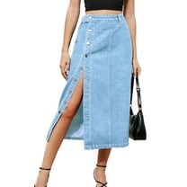 Previn Women's Denim Skirt Split Jean Cargo Skirt Casual Fitted Tea Length Jean Skirts Slimming Button Mid Rise Summer Fashion Fall Light Blue Large