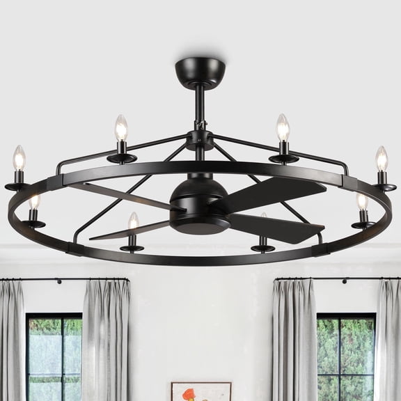 Vaczon 43" Industrial Black Wagon Wheel Caged Ceiling Fan with Light and Remote