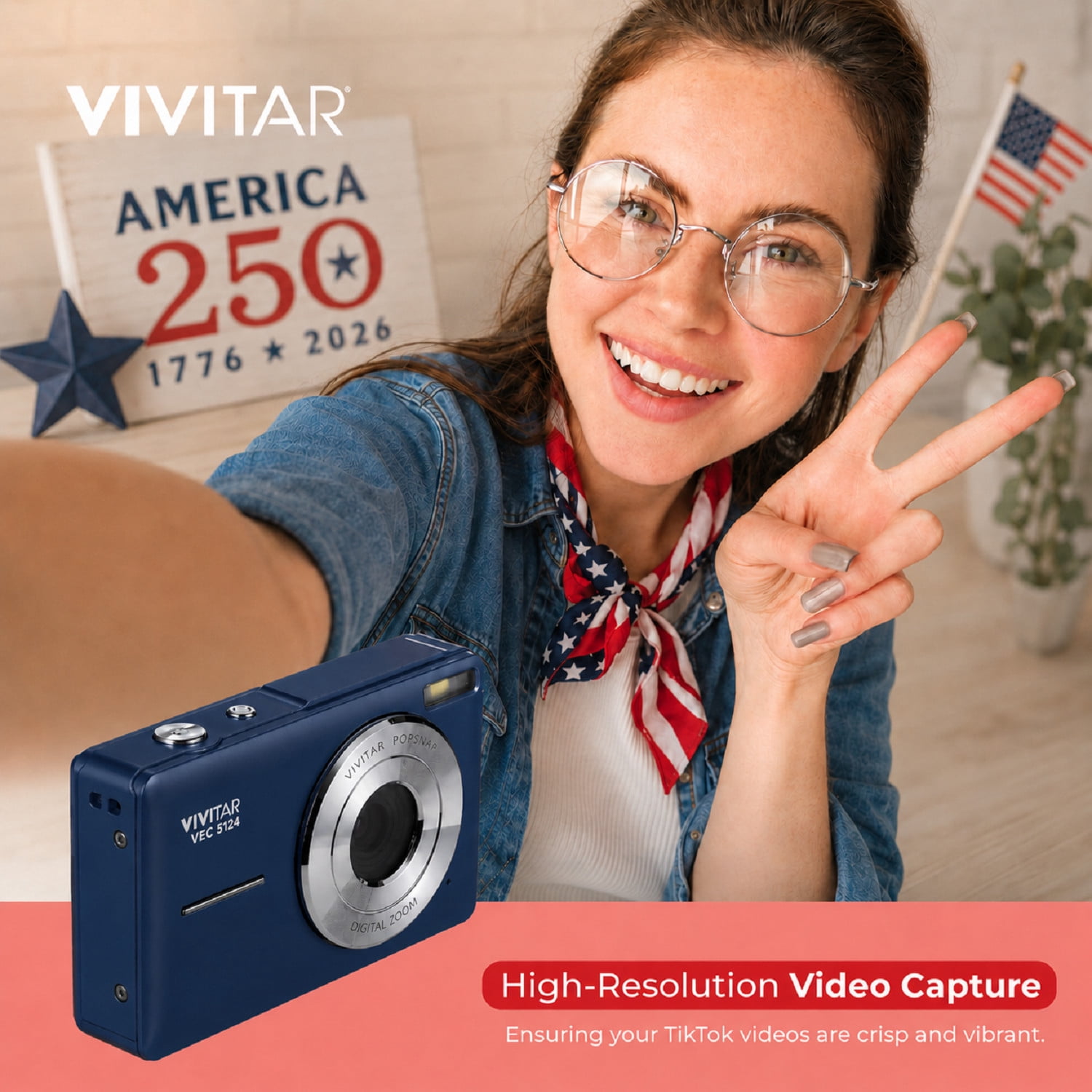 Vivitar PopCam America 250 Digital Camera – USA Celebration Edition, Old Glory Blue, 48MP Camera with Full HD 1080P Video, 3" Flip Screen, 16X Zoom Compact Vlogging Camera with Built-in Mic