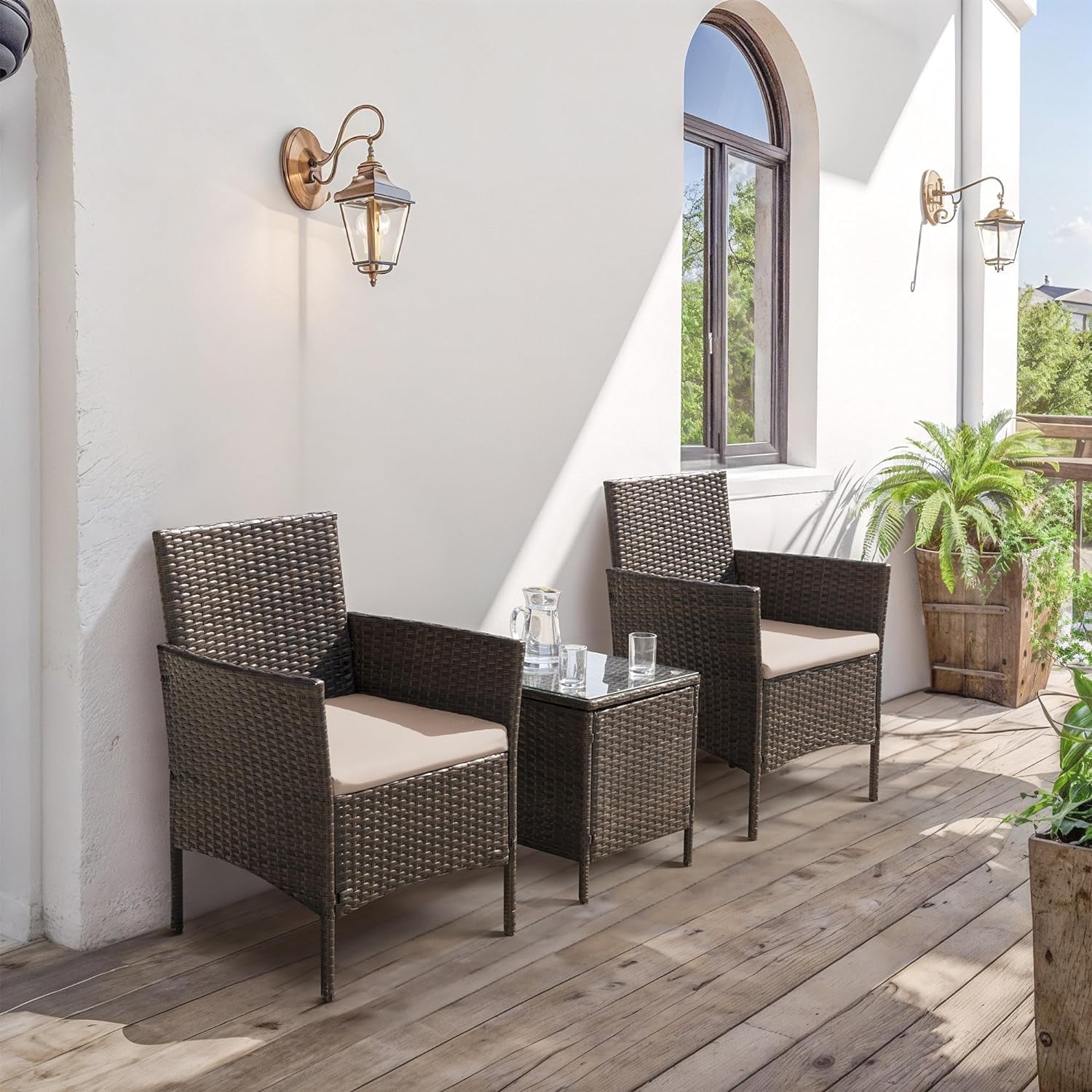Patio Furniture Set 3 Pieces All-Weather Rattan Outdoor Furniture Patio Chairs with Tempered Glass Table for Porch Bistro Balcony,Beige