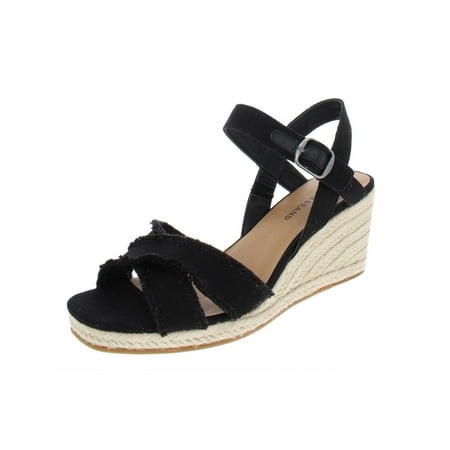 Image of LUCKY BRAND Womens Black Slingback Frayed Trim Cushioned Margaline Square Toe Wedge Buckle Espadrille Shoes 5.5 M