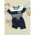 thumbnail image 4 of Musuos 2Pcs Toddler Boy Summer Outfits 6 12 18 24M 3Y Short Sleeve Striped Print T-shirts + Drawstring Shorts Set Casual Clothing for Infant, 4 of 10