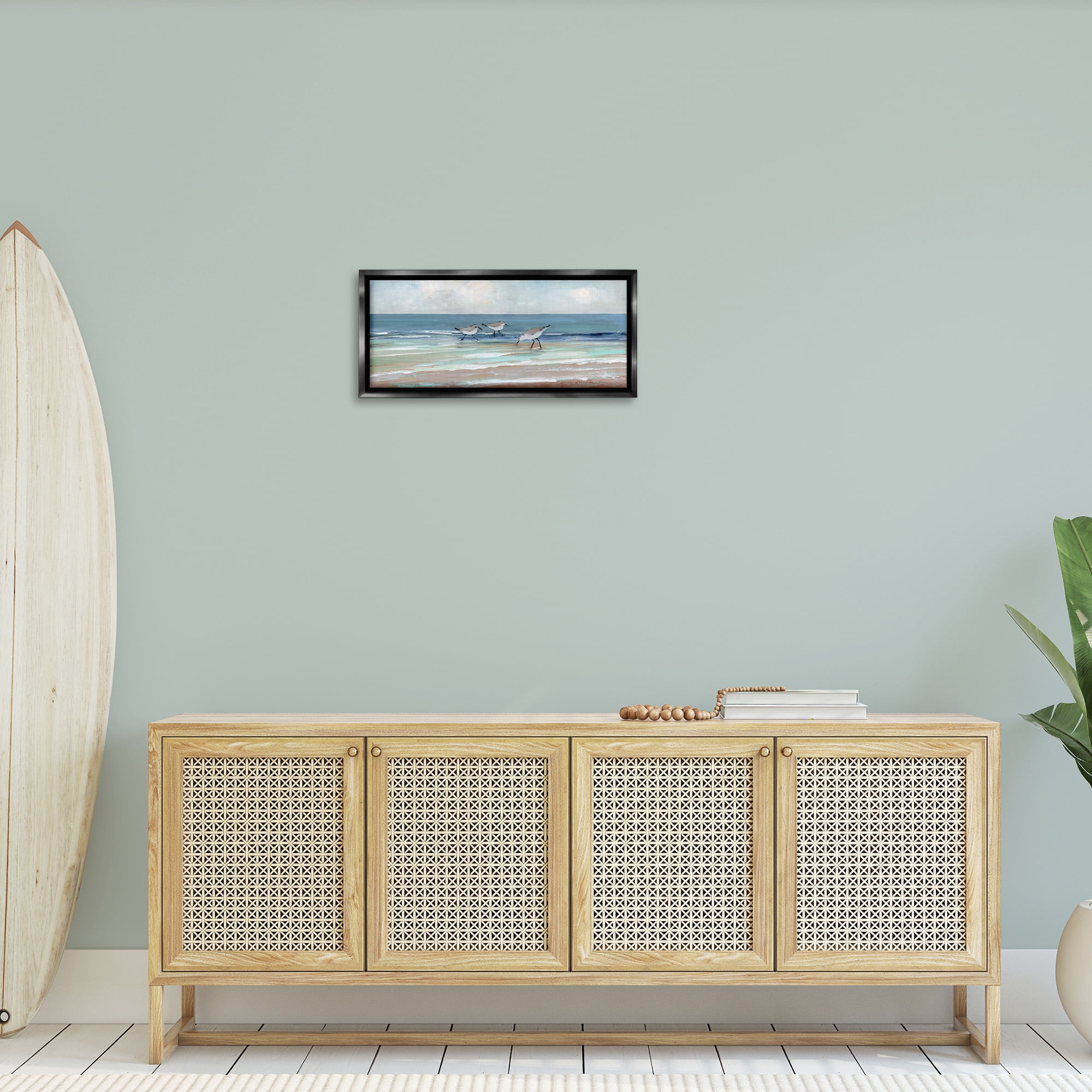 Stupell Industries Panoramic Sandpipers on Shoreline Nature Painting Black Floater Framed Canvas Art Print Wall Art, 25 x 11