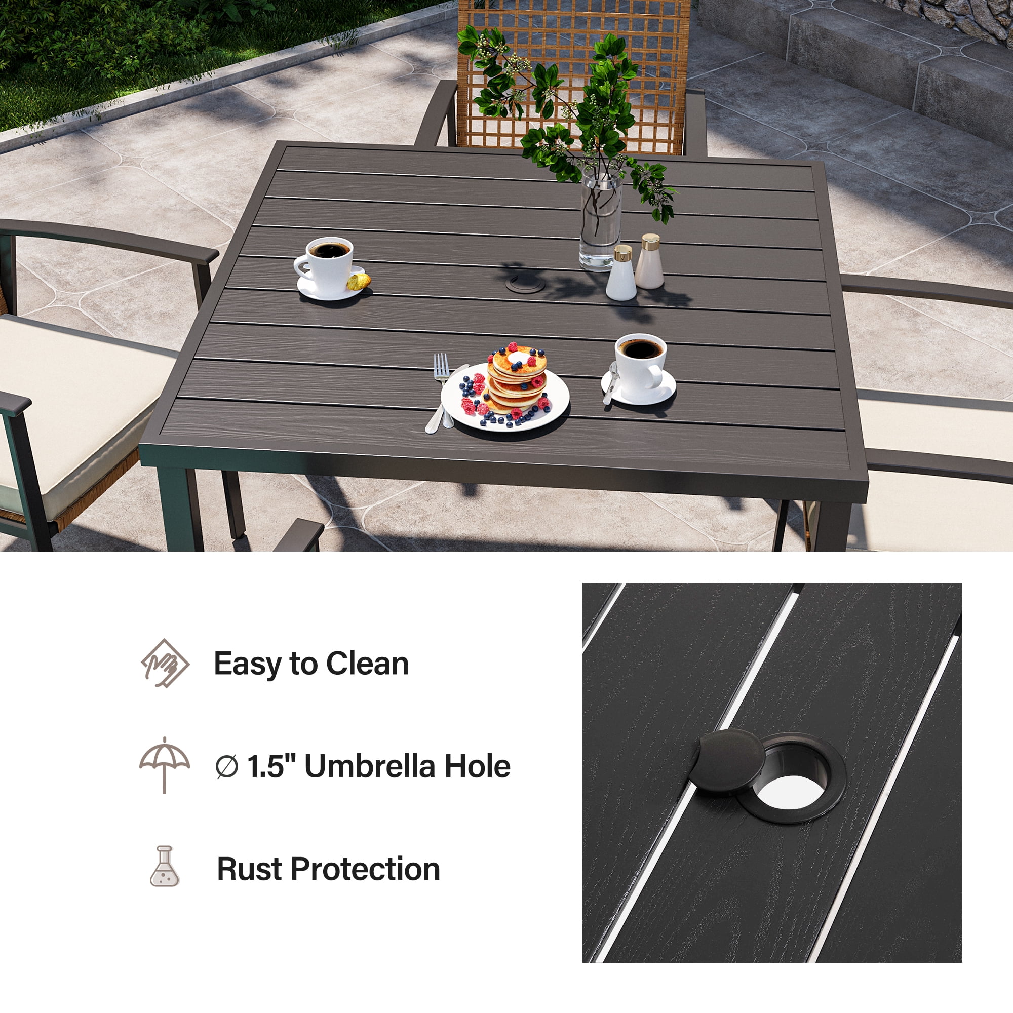 LAUSAINT HOME Patio Dining Set, 5-Piece Outdoor Wicker Furniture with Black Square Table and 4 Brown Wicker Chairs