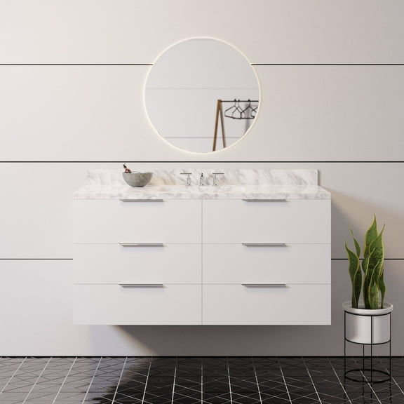 Oslo 48" Floating Wall Mounted Bathroom Vanity with White Cabinet and Carrara Marble Top