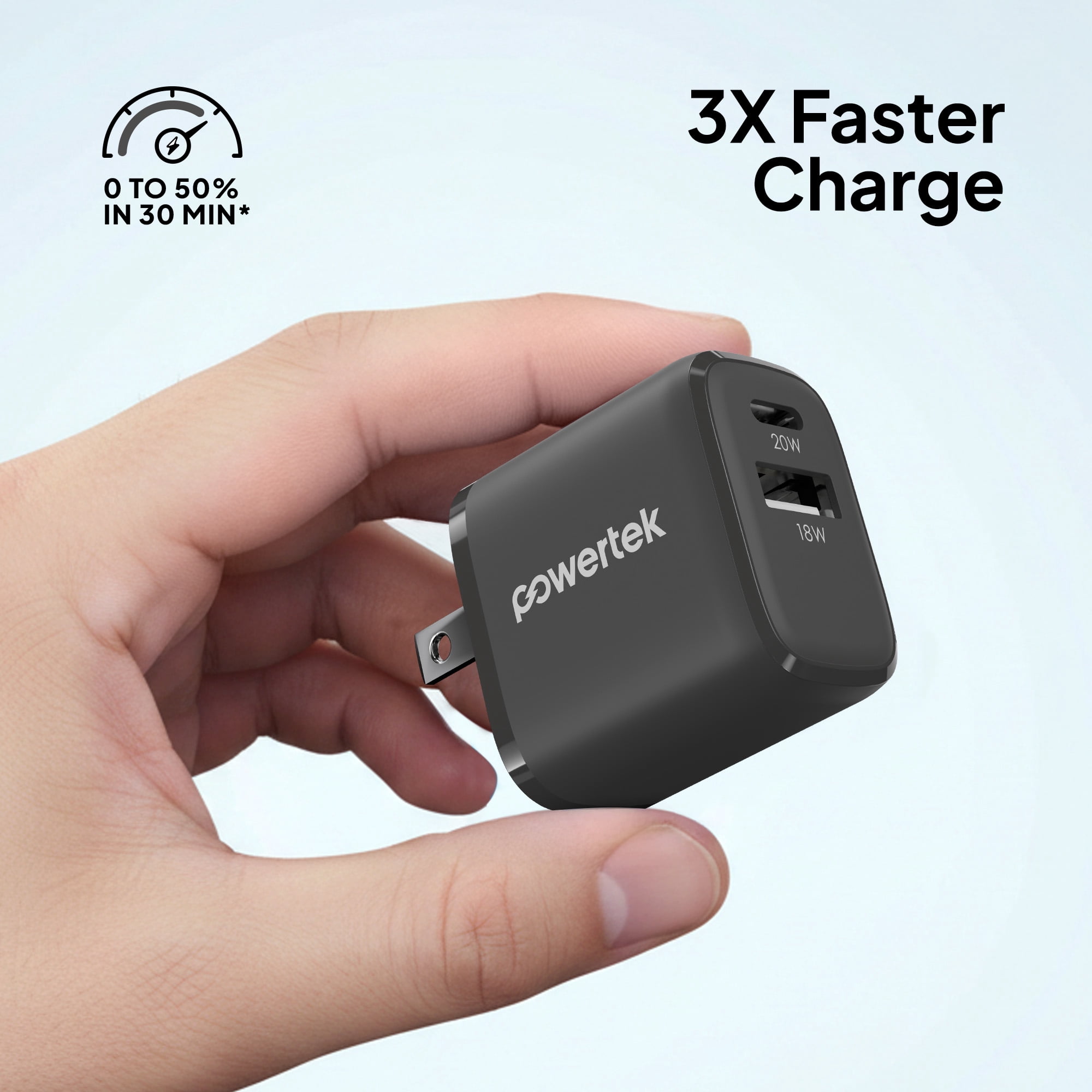 Powertek 20W USB-C PD + 18W USB-A Dual Port Wall Charger, Two-Tone Pastel, Grey