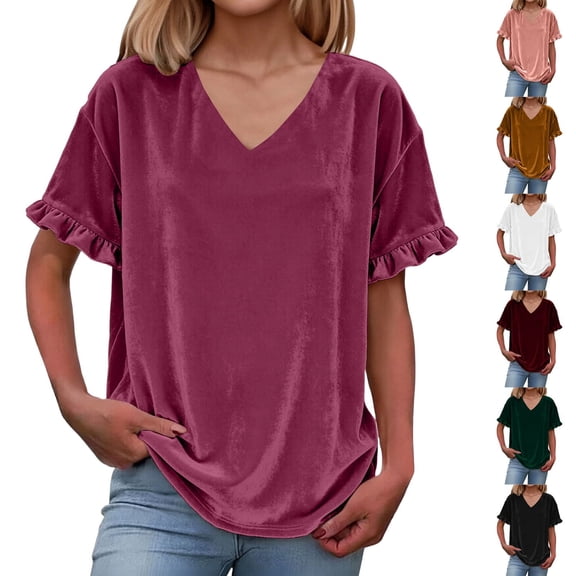 Agkizg Women's Velvet Short Sleeve Top Ruffled Cuff Loose Fitting Casual Fashion Solid Color Blouse