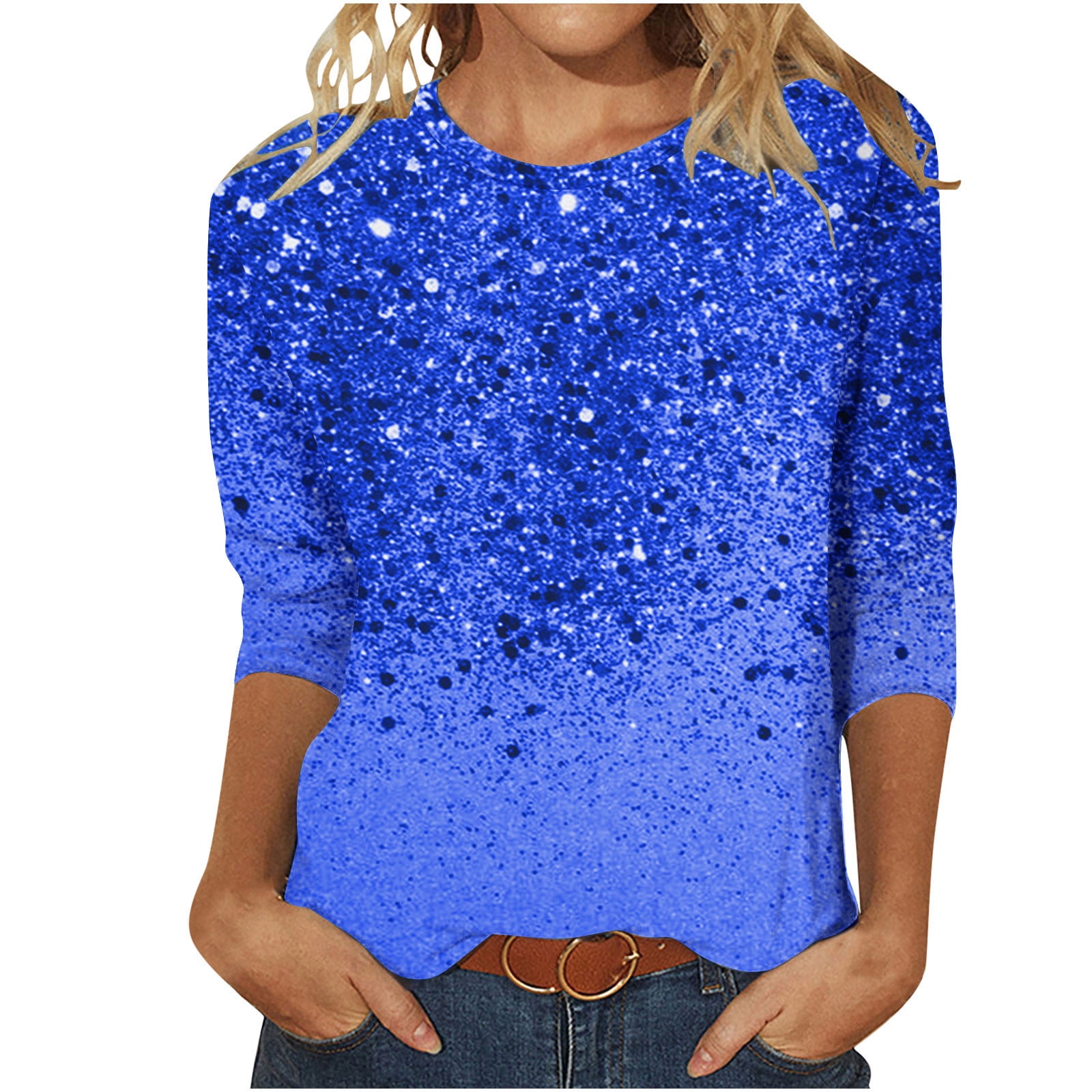 RYRJJ 3/4 Sleeve Tops for Women Dressy Casual Blouses Fall Fashion Sparkle Sequin Printed Crew Neck Tunic T Shirts(Dark Blue,M)