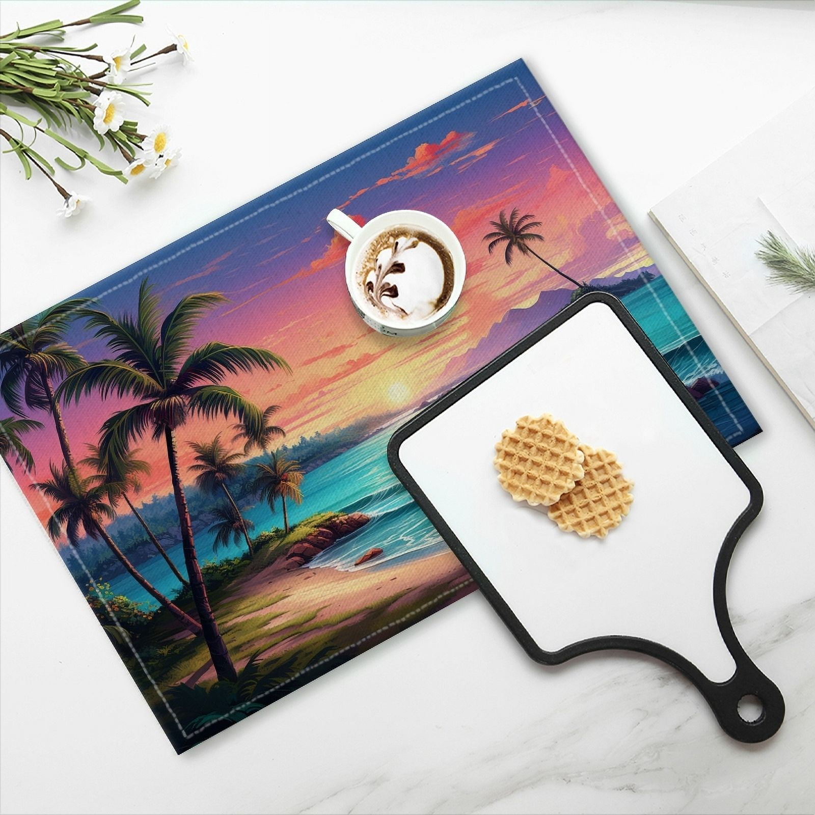 BaHomeck placemats Set of 4 rectangle Linen Cotton Placemats for Dining Table Washable Heat Resistant,18*12inch,Beautiful Tropical Beach With Palm Trees And The Sun Setting