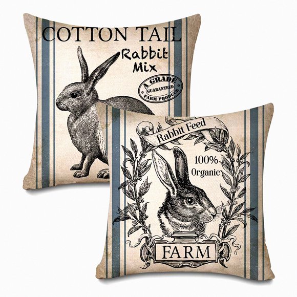 Retro Farmhouse Bunny Cushion Covers - Set of 2 Vintage Rabbit Throw Pillow Cases for Home Decor - 20" X 20" Farm Rabbit Feed Design