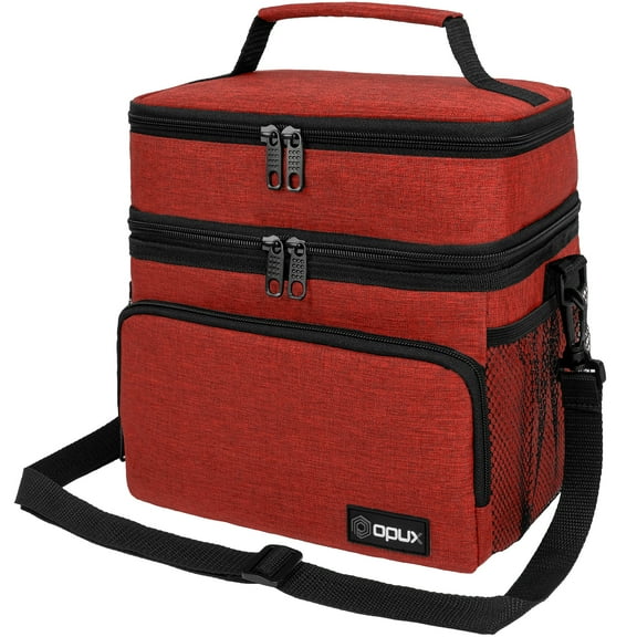 OPUX Insulated Lunch Bag for Men Women, Large Dual Compartment Cooler Bag, Soft Two Deck Lunch Box for Work School Picnic, Leakproof Lunch Tote with Shoulder Strap for Kid Adult (Red, Double Deck)