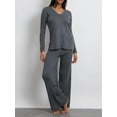 thumbnail image 6 of Women's 2 Piece Casual Outfits Long Sleeve V Neck Knit Tops Solid Color Ribbed Wide Leg Pants Sets, 6 of 10