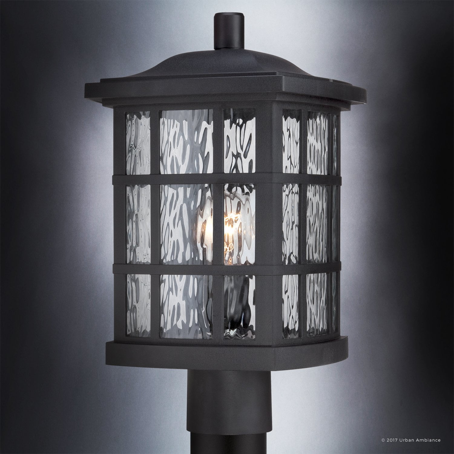 Urban Ambiance Luxury Craftsman Outdoor Post Light, Medium Size: 16.5"H x 9.5"W, with Tudor Style Elements, Highly-Detailed Design, High-End Black Silk Finish and Water Glass, UQL1246