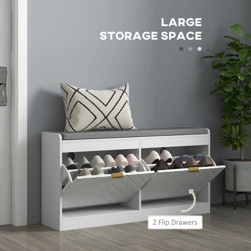 HOQBN Narrow Storage Bench, Upholstered Entryway Bench, Shoe Rack Bench with 2 Flip Drawers and 2 Vents, Holds 8 Pairs of Shoes