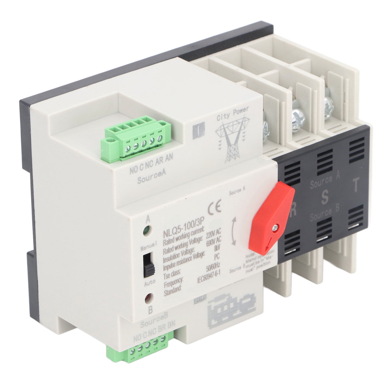 Transfer Switch, Dual Power Automatic Transfer Switch 3P Millisecond Fast Switching Timing Controller AC220V Rail Type ATS Mains to Motor (63A)