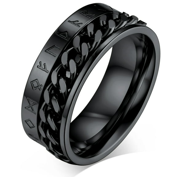 FaithHeart Nordic Viking Spinner Runes Ring for Men Jewelry Gift Black Punk Cuban Link Chain Band Ring Stainless Steel Rotatable Fidget Ring for Anxiety for Father Dad Size 9