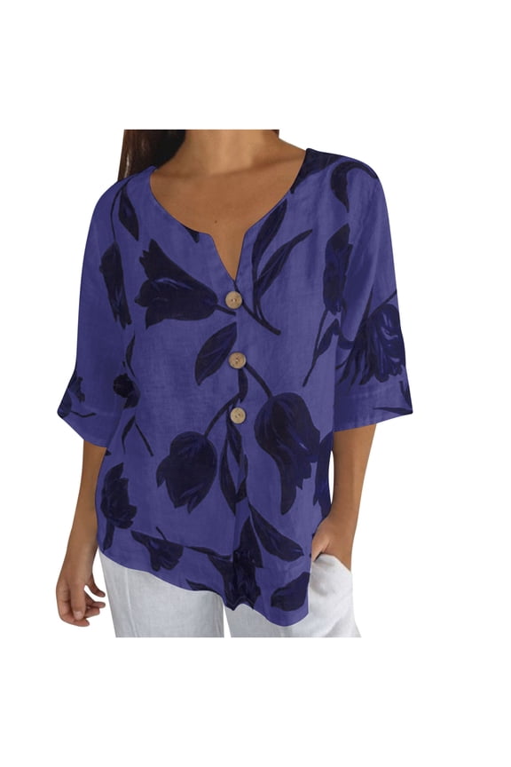 womens summer tops Summer Floral Print Casual Elbow-Length Sleeve T Shirts Trendy V Neck Loose Button Tee Shirts Purple XXL