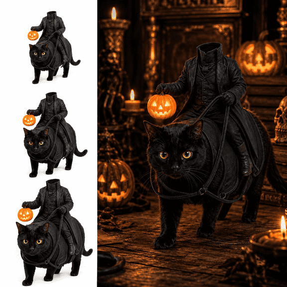 Headless Horseman Pet Costume, Funny Halloween Pet Outfit with Gothic Rider Design, Pumpkin Lantern Accessory, Cat Cosplay Costume for Seasonal Events and Photography, Small