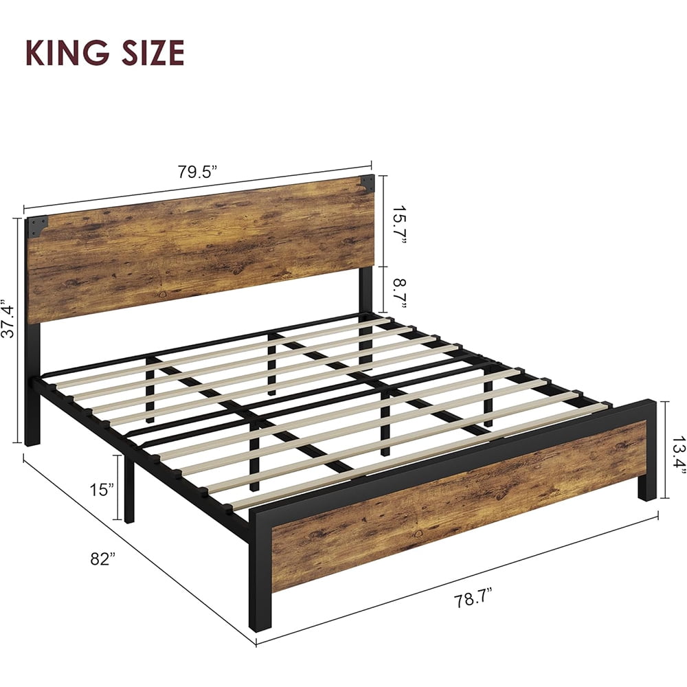 Cabihome King Bed Frame, Retro Bed Frame with Wood Headboard and Metal Legs, No Box Spring Needed, -Rustic Brown