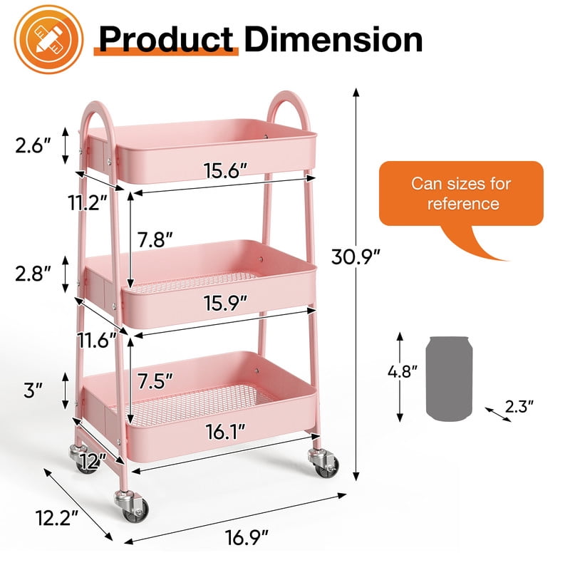 Gianna 3‑Tier Utility Rolling Cart Metal, 3‑Tier Slim Storage Design, Lockable Wheels, Pink
