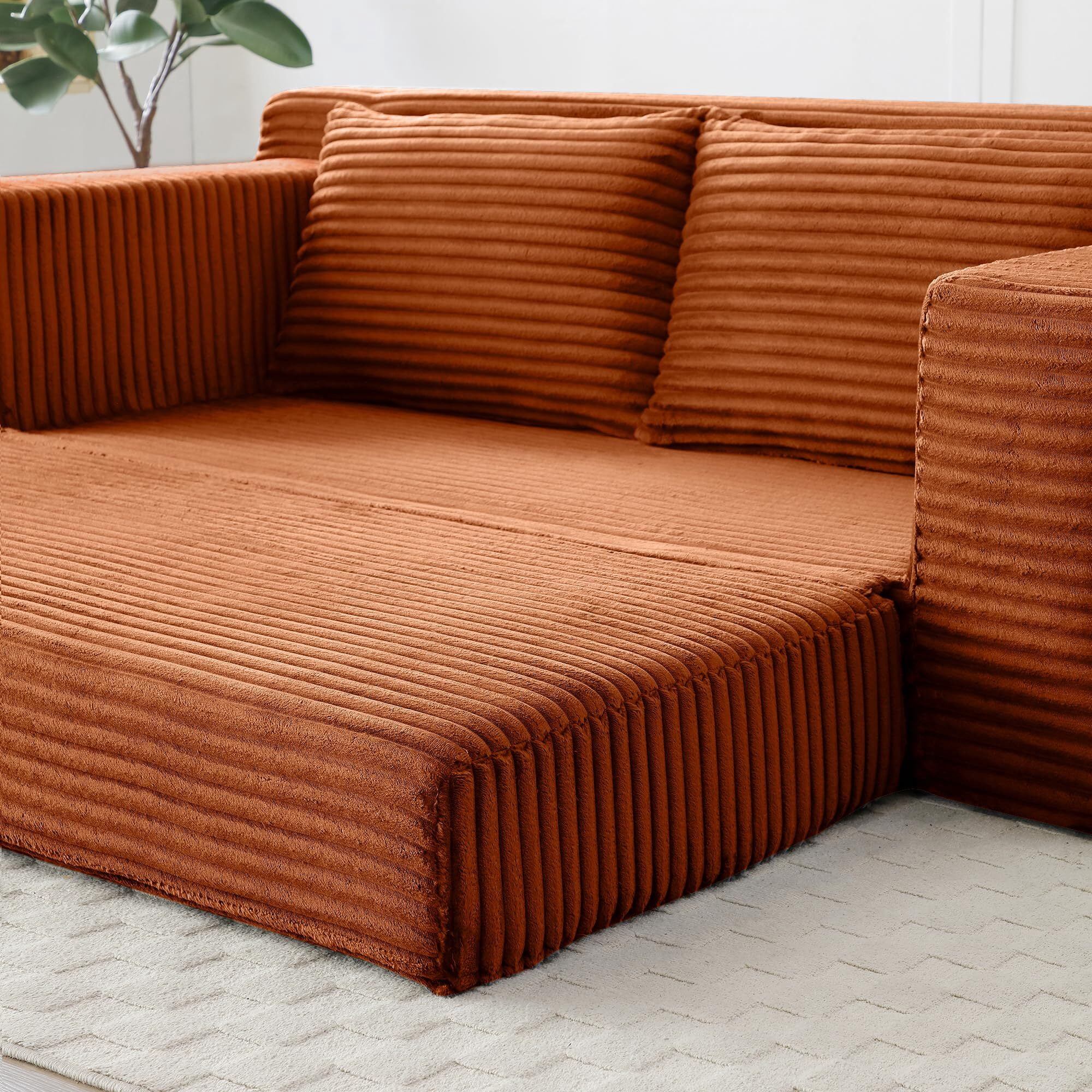 Howcool 73" Convertible Sofa Bed, Foldable Floor Couch, Boneless Foam Sleeper Sofa with Pull-Out Design, Corduroy Lazy Couch, No Assembly, Space Saving for Apartment Dorm Living Room, Orange