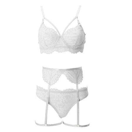 Puawkoer Ring Sleepwear Sexy Pajamas Lace Kitchen Curtains 3 Piece Set Garter Underwear Steel Lace Unlined Lace Bra Set Lingerie Fashion