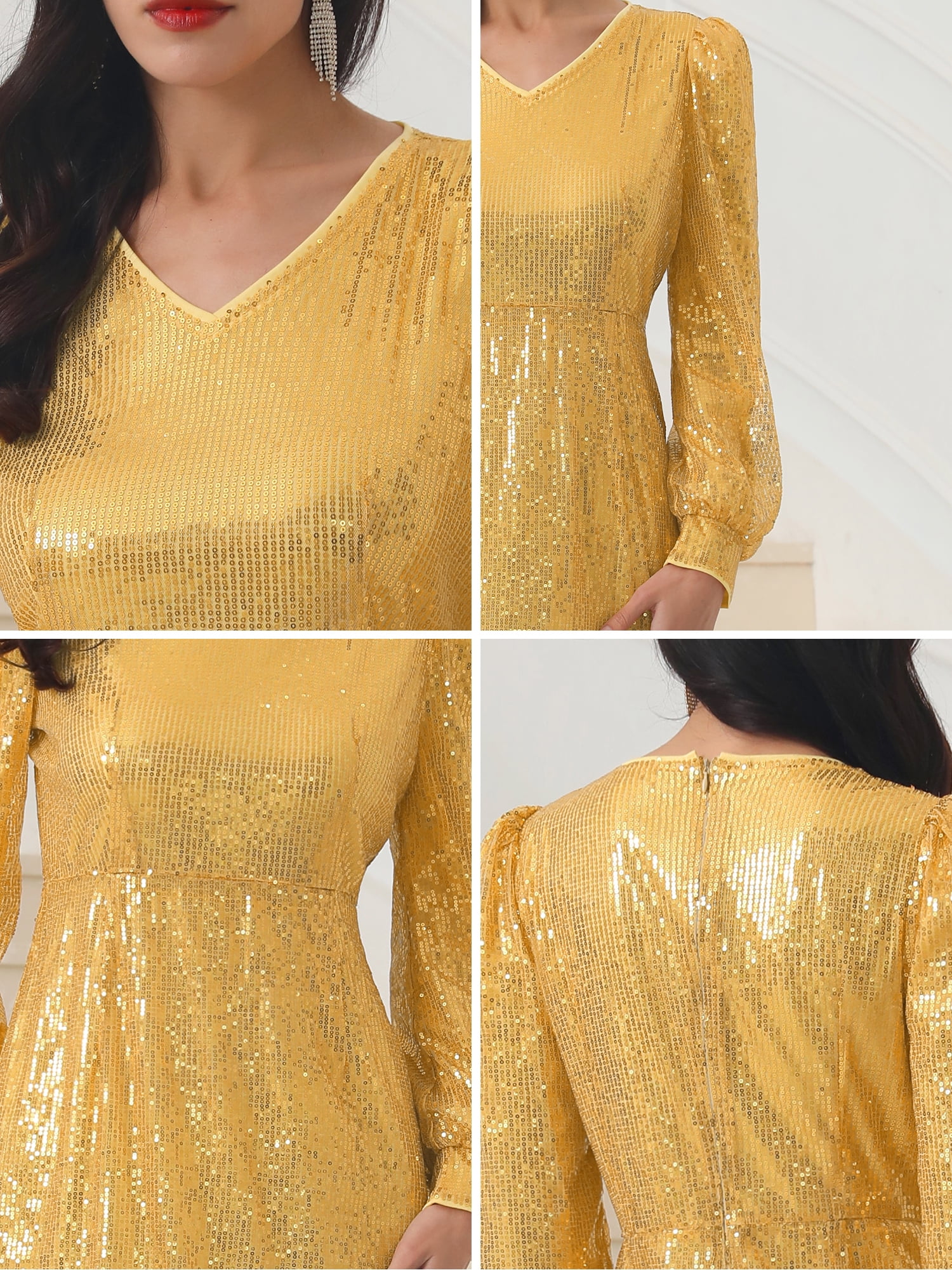 DARING DIVA V-Neck Sequin Long Sleeve Cocktail PromDress XL Gold