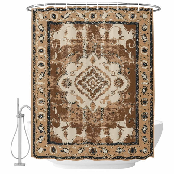 Polyester Fabric Brown Boho Shower Curtain, Retro Western Rustic Ethnic Tribal Patterns Waterproof Bathtub Curtain Bathroom Decor Set with Hooks 72 x 72 Inches