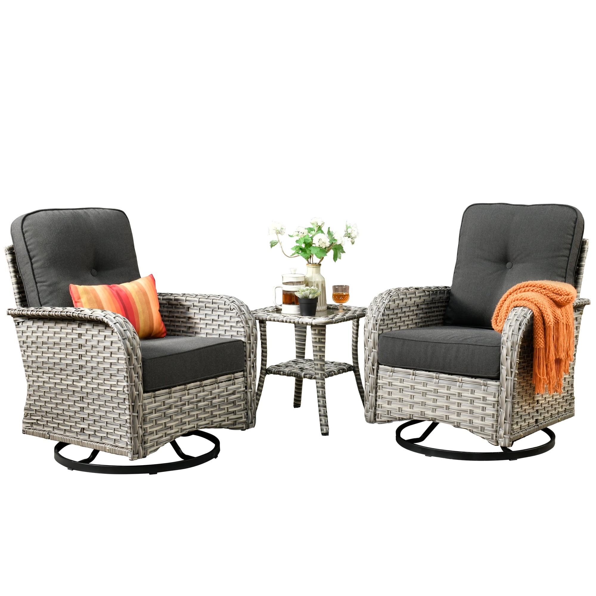 XIZZI 3-Piece Patio Furniture Set High Back Patio Conversation Chairs Set Outdoor Swivel Glider Rocker Chairs Wicker Outdoor Rocking Swivel Chairs with Side Table for Porch, Black
