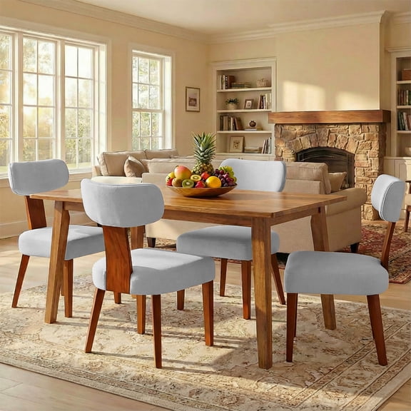 Dining Chairs Set of 4, Mid-Century Modern Upholstered Kitchen Chairs with Curved Backrest and Linen Fabric Seat, Wood Leg Accent Chairs for Dining Room, Living Room, Bedroom, Light Grey