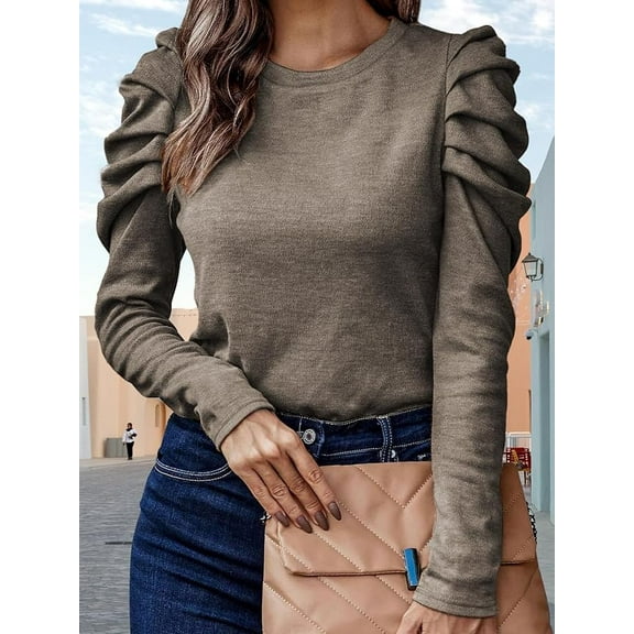 Womens Crew Neck Puff Long Sleeve Tops Casual Loose Solid Basic T-Shirt Pullover Blouse