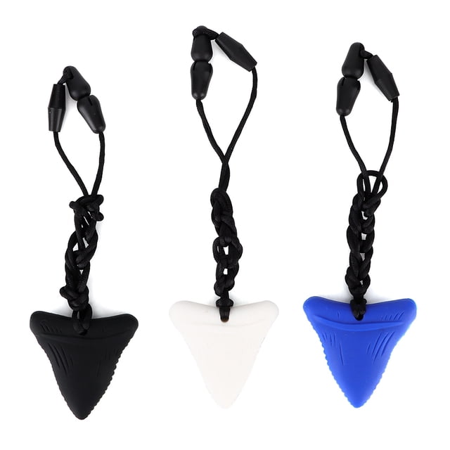 3 mordedores de silicona con forma de tiburón para autismo, collar cómodo para masticar, color negro, blanco y azul.