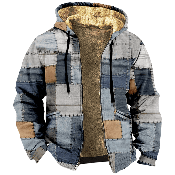 Men's Heavyweight Sherpa Lined Fleece Jacket, Winter Warm Patchwork Print Full-Zip Cardigan Coat for Casual Streetwear [Light Blue M]