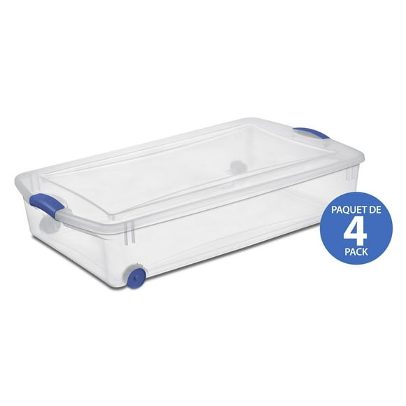 Sterilite Boîte à loquets de 47 L avec roues, boîte de rangement en plastique transparent avec couvercle et loquet bleu - 4 PK