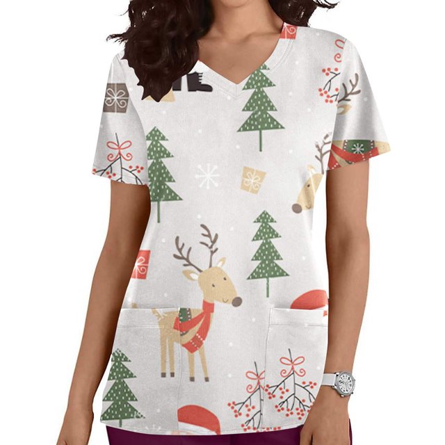 Pntutb, blusas con cuello en V y manga corta a la moda para mujer, blusa de bolsillo con estampado de uniforme de trabajo, tops Pntutb Pntutb-2929