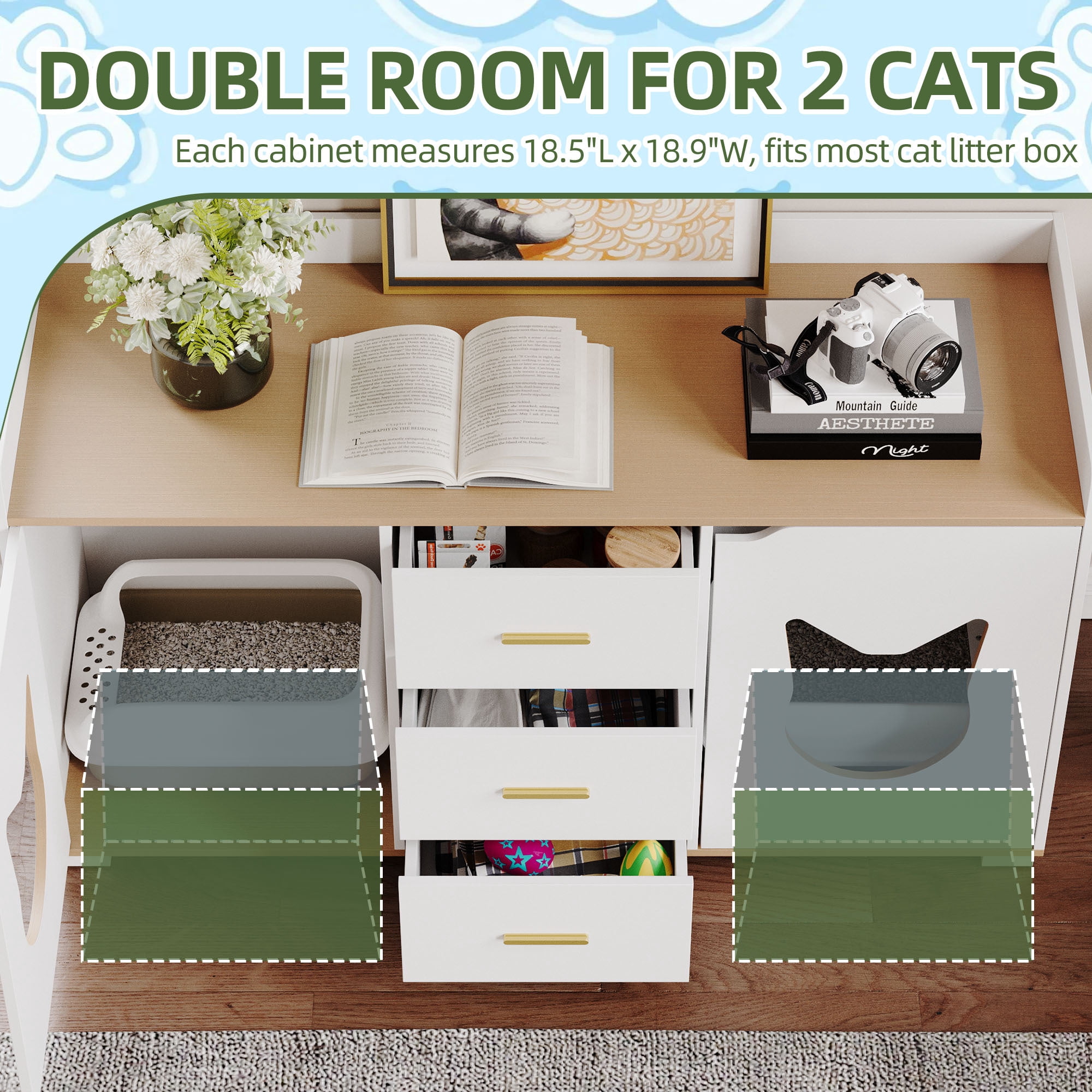 Uforic Litter Box Furniture with 2 Rooms, Wood Cat Litter Box Enclosure Cabinet with Drawer, White