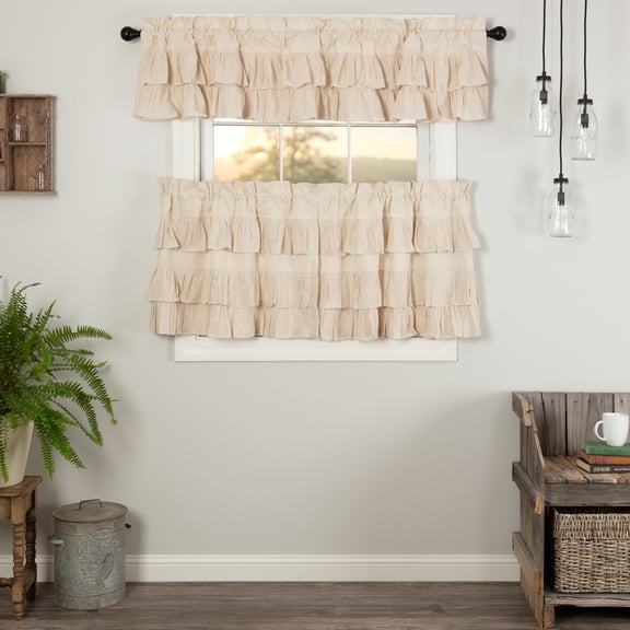 VHC Brands Simple Life Flax Natural 3 PC Ruffled Curtain Set (1 Valance 16x72 and 2 Tier 24x36)