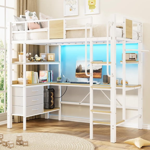 Twin Loft Bed with Arched Safety Guardrail and Ladder, Quiet Steel Slat Support, Space-Saving Loft for Small Rooms, Easy Assembly,Twin,White