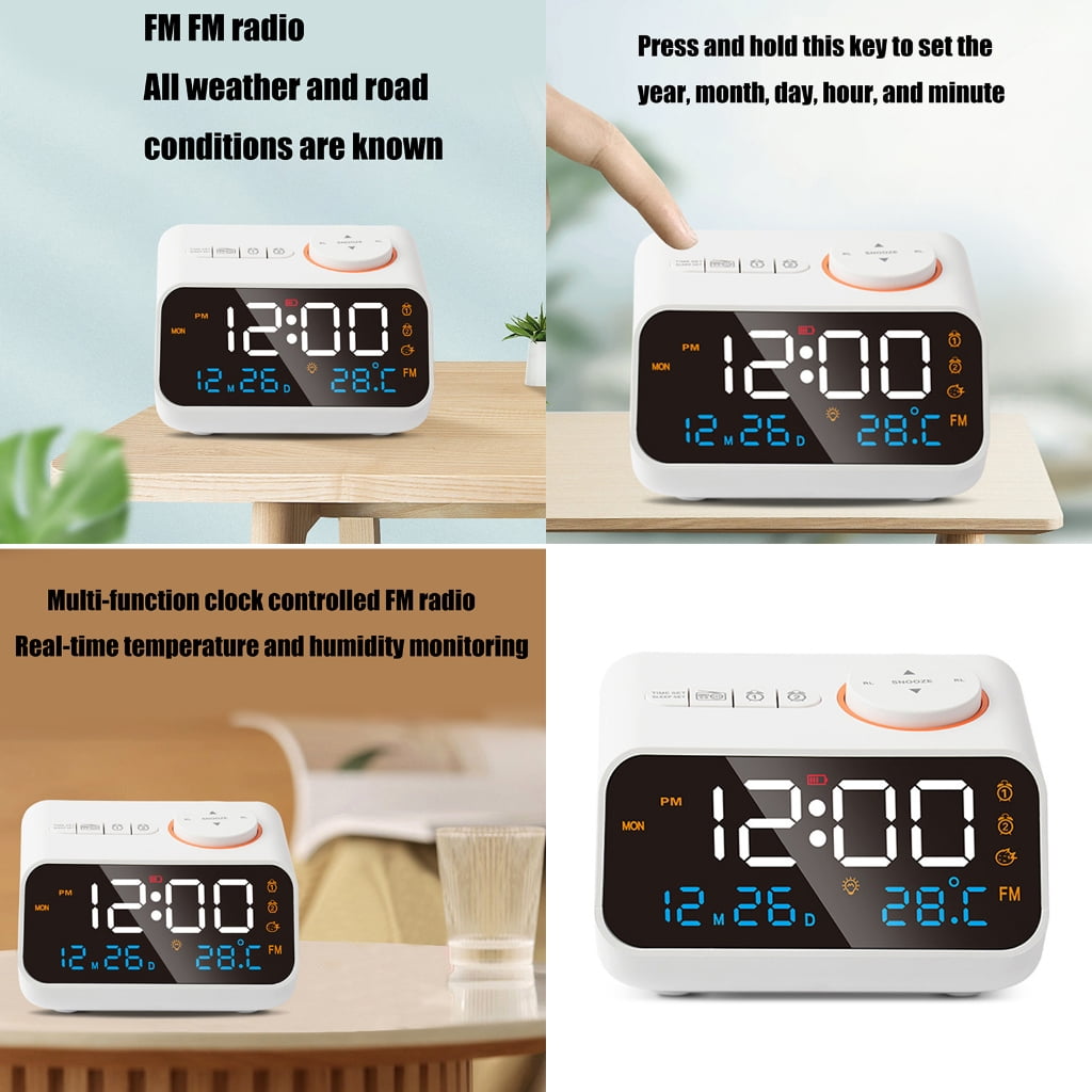 T-HOTLYST Digital Table Clock Bedside Clock with Voice Control Activation Calendar FM Radio, and 4 Color Display Multiple Function