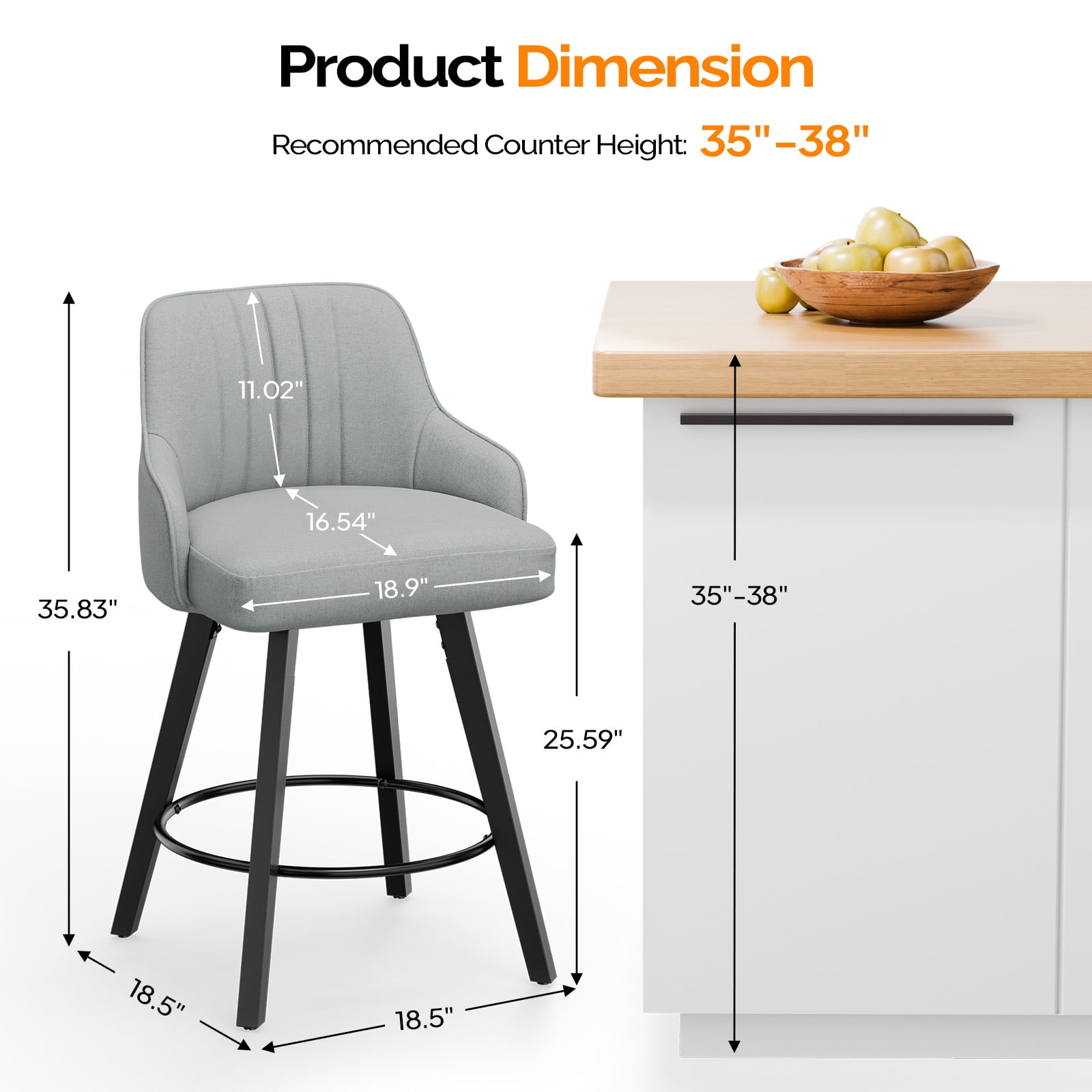 Ktaxon Swivel Bar Stools, 35" Counter Height Adjustable Fabric Bar Stools for Kitchen Island, Modern Gray, 1 PCS