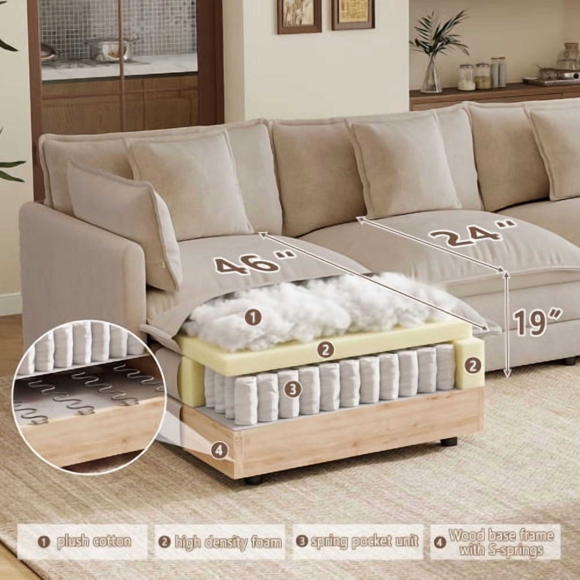 103.8" Oversized 3-Seater Modular Sofa with Ottoman, L-Shaped Sectional Couch,Reversible U-Shape Configuration, 5 Movable Pillows, Solid Wood Frame, Light coffee
