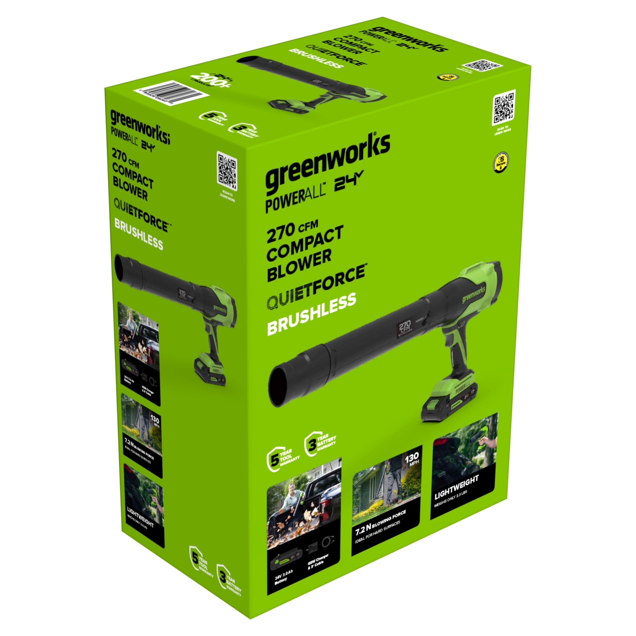 Greenworks PowerAll 24V, Brushless 270CFM Blower, 3Ah Battery, 65W Charger and Cable, BL1032HA1