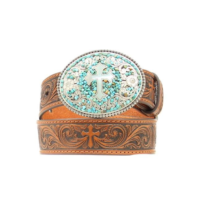 Nocona Western Girls Kids Belt Turquoise Cross Buckle Brown N4430802