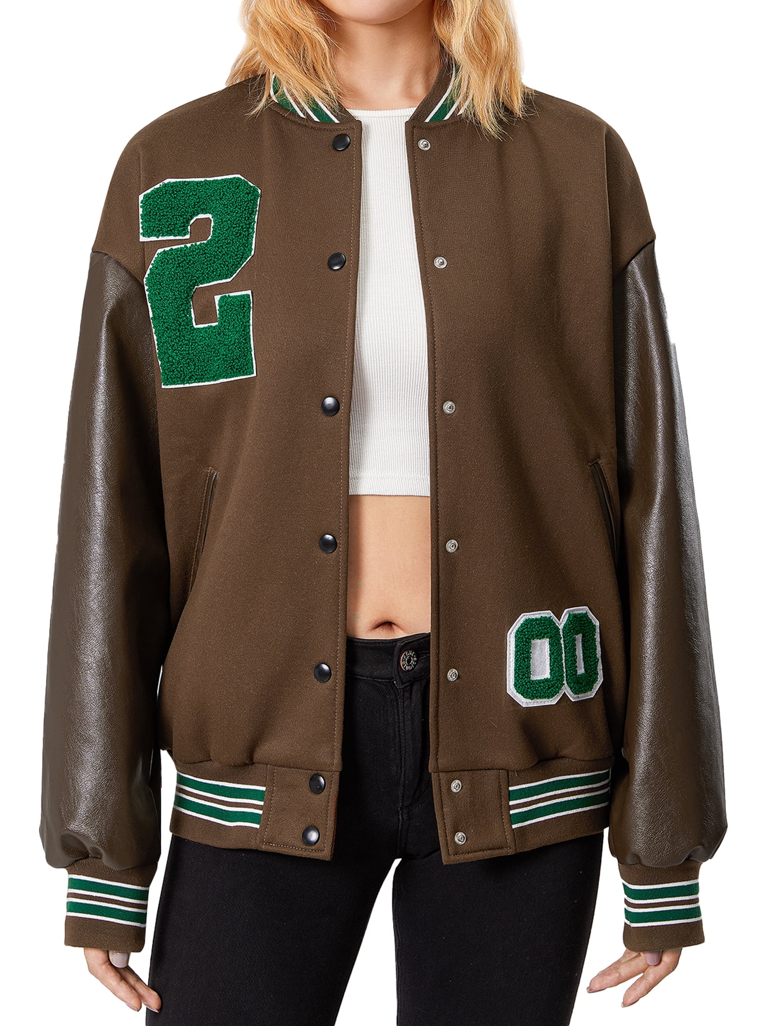  Women Casual Loose Letter Embroidery Baseball Jacket Long  Sleeve Color Block Classic Bomber Jacket Aesthetic Coat (Green, M) :  Clothing, Shoes & Jewelry