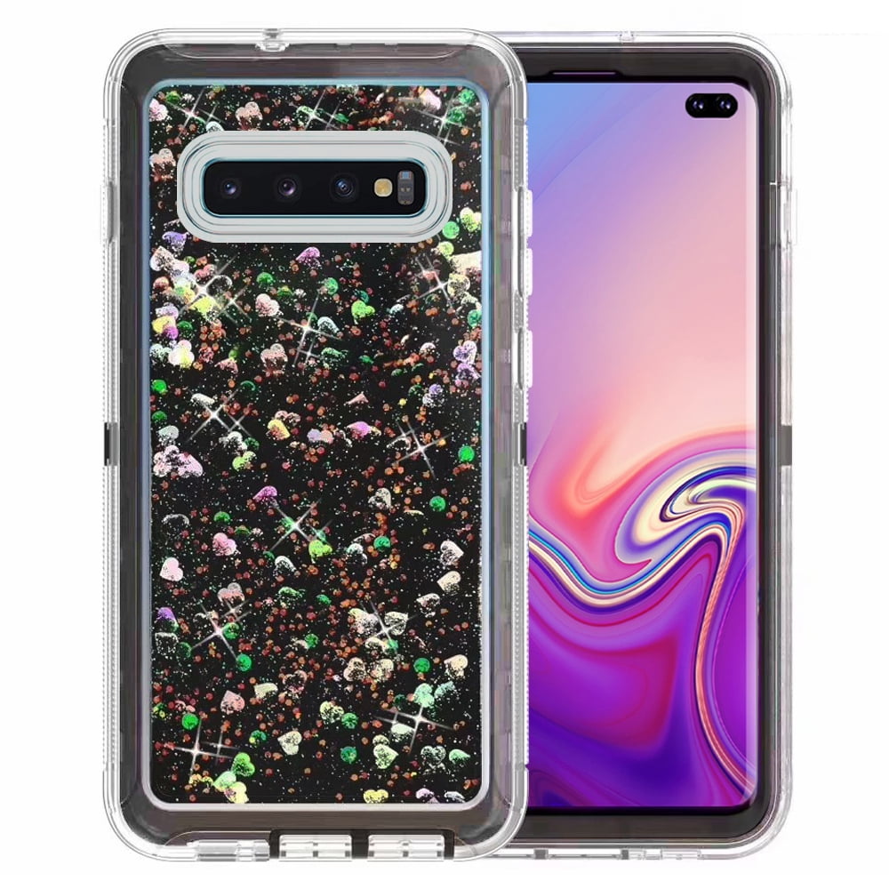 Samsung Galaxy S10 Plus Tough Defender Sparkling Liquid Glitter Heart Case Cover Black - Walmart
