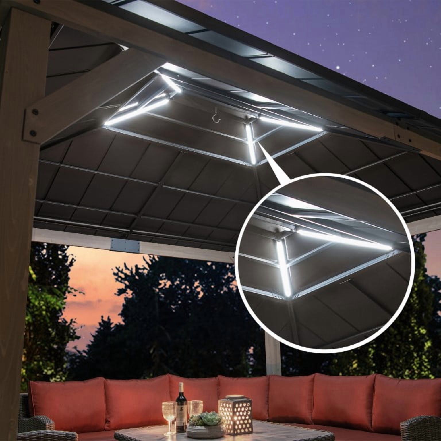 Sunjoy 11’ x 13’ Grayden Wood Gazebo , Outdoor Patio Solar Powered Hardtop Gazebo with One-Tier Metal Roof, LED Light and Ceiling Hook