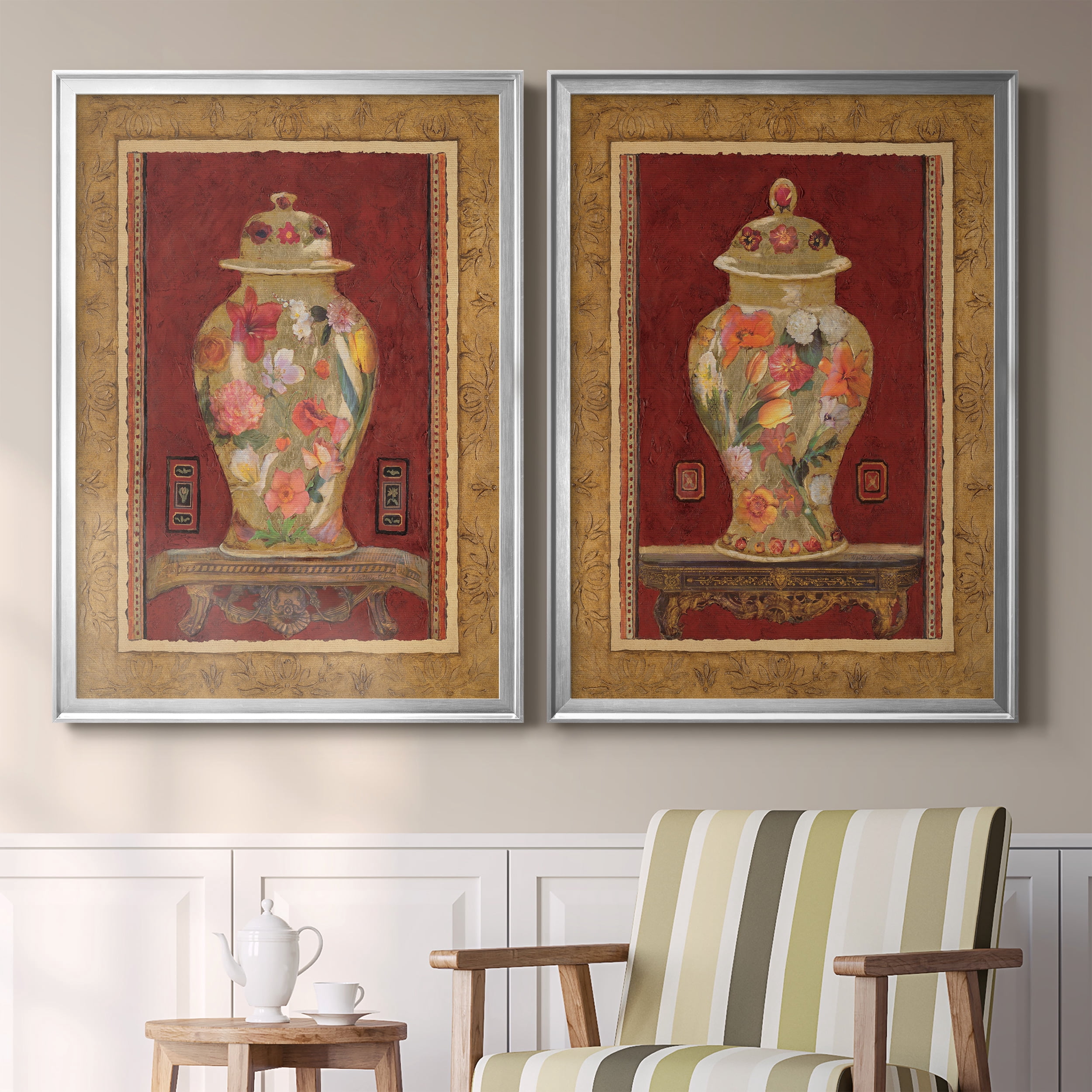 2 Piece Set Romantic Urn I Premium Framed Canvas - Ready to Hang - 26.5 x 36.5 Each - Silver Frame